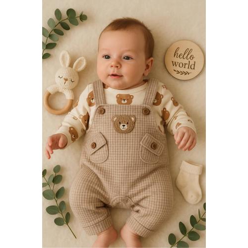 Beige Baby Outfit Set, 3-Piece Neutral Bear Print Bodysuit, Waffle Overalls, Socks, Unisex Newborn Gift, 3-6-9 Months
