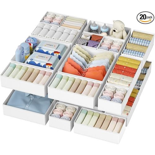 DIMJ Drawer Organizer Clothes - 20 Pack Closet Drawer Organizer Bins for Baby Clothes Storage, Fabric Dresser Organizer for Nursery Bedroom, Foldable Small Drawer Dividers for Underwear Socks