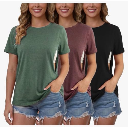 Women's 3-Pack Nursing Shirts for Breastfeeding with Hidden Zippers Loose Fit Maternity Tops
