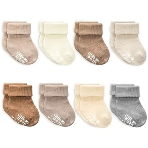Little Me Baby Socks 16 Pairs | 61% Organic Cotton | Sizes 0-12M & 12-24M | Seamless Toe & Anti-Slip Gripper Sole (Natural Linen)