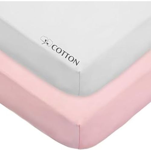 American Baby Company 2 Pack 100% Natural Cotton Fitted Crib Sheets 52" x 28" - Soft, Breathable, Hypoallergenic & Gentle Toddler Bed Sheets, Pink and White, Neutral for Boys & Girls