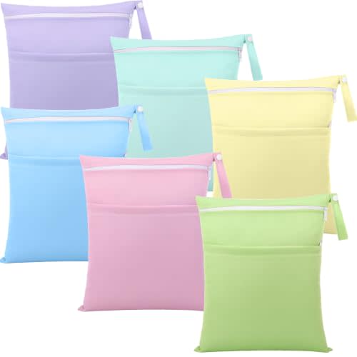 6 Pack Wet Dry Bags for Baby Cloth Diapers, 12" X 14", Mermaid Color | Washable Travel, Swimsuit Wet Bags, Reusable, Two Zippered Pockets, For Yoga Gym, Swimsuits Travel, Beach Pool, Soiled Items
