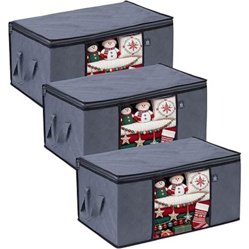 VENO 3 Pack Extra Large Clothes Blanket Storage Bag, Christmas Ornament Storage Container Bins for Holiday Decor for Comforters Bedding, Foldable with Sturdy Zipper, Handle, Clear Window (24 Gallon)