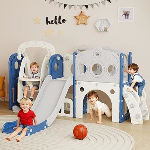9 in 1 Toddler Slide and Swing Set, Slide for Toddlers 1-3, Kids Indoor Outdoor Playset Playground with Basketball Hoop, Telescope