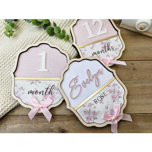 Vintage Floral Baby Milestone Markers with Personalized Name Sign | Pink Bow Monthly Milestone Set | Baby Girl Photo Prop