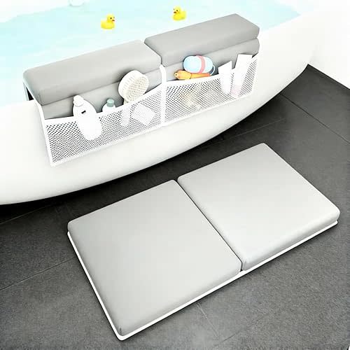 Bath Kneeler and Elbow Rest Pad Set, Comfortable Baby Bath Kneeling Pad for Tub with Toy Organizer Pockets, Non-Slip Knee Pad for Bathing Baby, Quick Dry Bathtub Mat for Toddler & Infant - Grey