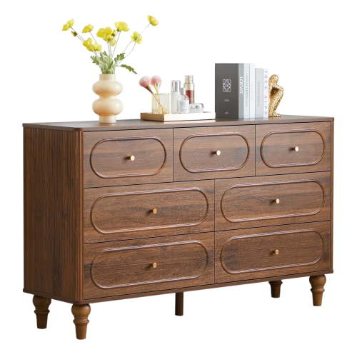 YOCWO 7 Drawer Fluted Dresser for Bedroom, Mid Century Chest of Drawers with Arc Edge, Wood Storage Large Dresser Organizer for Bedroom Living Room Hallway Closet, Walnut