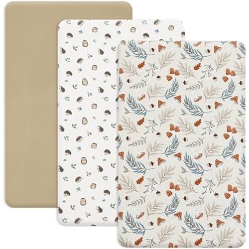 PHF 3 Pack Soft Mini Crib Sheets, Leaf&Mushroom Pack N Play Sheets for Baby Boys Girls, No Slip Universal Fit for Pack N Play, Playard, Portable and Mini Crib Mattresses,Leaf&Mushroom