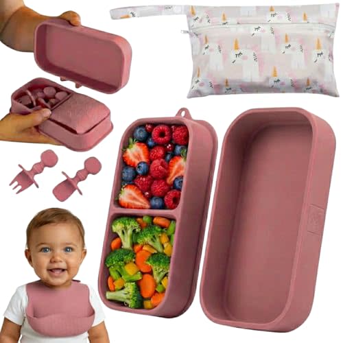 Baby Travel Essentials 6 Pc Silicone Feeding Set - Portable Toddler Plates with Suction, Baby Spoons & Foldable Bib in Carrying Case - BPA-Free Infant & Toddler Utensils for Airplanes & Eating Out