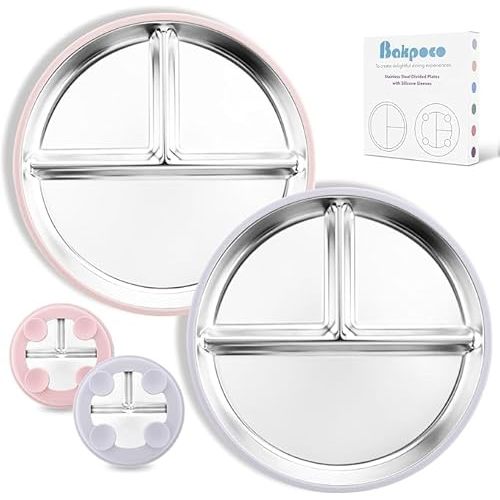 Stainless Steel Baby Plate with Suction, 8” Divided Toddler Plates with Removable Silicone Sleeves for Kids, Non-Toxic Non-Slip Unbreakable Dishwasher Safe Dinnerware Set of 2, Pink & Lilac