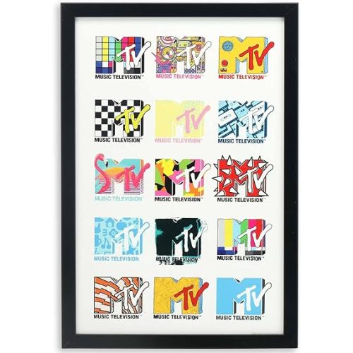 MTV Logo Colorful Collage Framed Wood Wall Decor - Retro MTV Wall Art for Office, Teen Room or Music Room