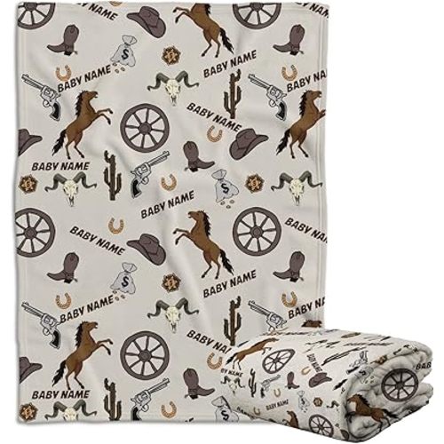 Baby Cowboy Blankets, Personalized Baby Blankets for Boys, Baby Western Blankets for Girls, Custom Baby Blanket Name, Cowboy Pattern 3 Sizes Fleece Blankets for Infant Newborn Son Daughter
