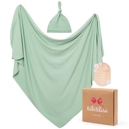Stretchy Swaddle Blanket for Newborns with Hat & Hello World Card–Soft Baby Swaddles 0-3 Months,47"x 47"Supersoft Swaddle Blanket,Receiving Blanket for Boys & Girls (Sage)