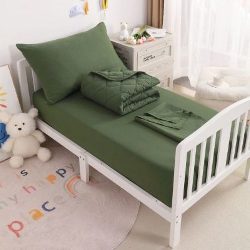 4 Piece Toddler Bedding Set, Soft Crib Bedding Set, Includes Quilted Comforter, Fitted Sheet, Flat Sheet and Pillowcase, Olive Green - NTBAY