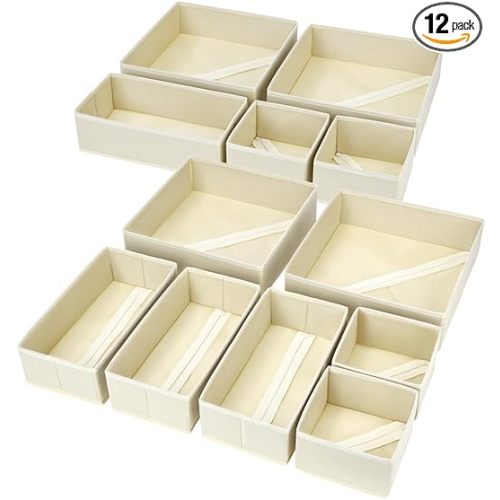 DIMJ Drawer Organizer Clothes, 12 Pack Dresser Organizer, Foldable Closet Organizers and Storage, Fabric Dresser Bins, Drawer Dividers for Nursery, Baby Clothes, Underwears, Sock (Beige)