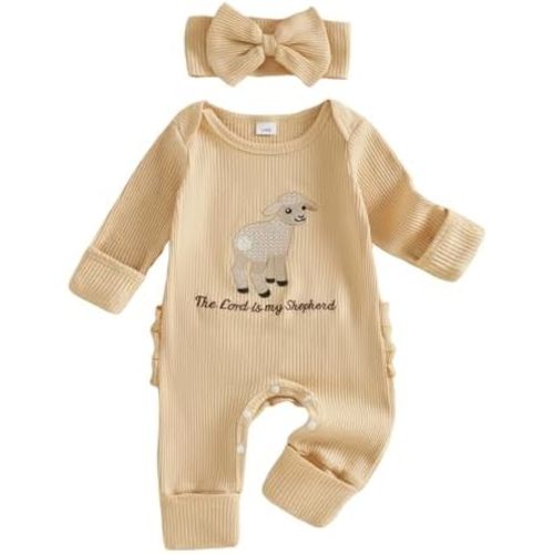 Newborn Coming Home Outfit Girl Letters Embroidery Ribbed Knit Long Sleeve Romper Infant One Piece Jumpsuit Headband