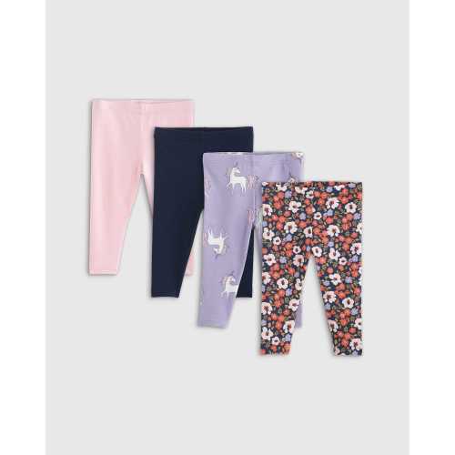 Organic Cotton Leggings 4-Pack - Baby Girl's in Poppy Floral/Lilac Unicorn
