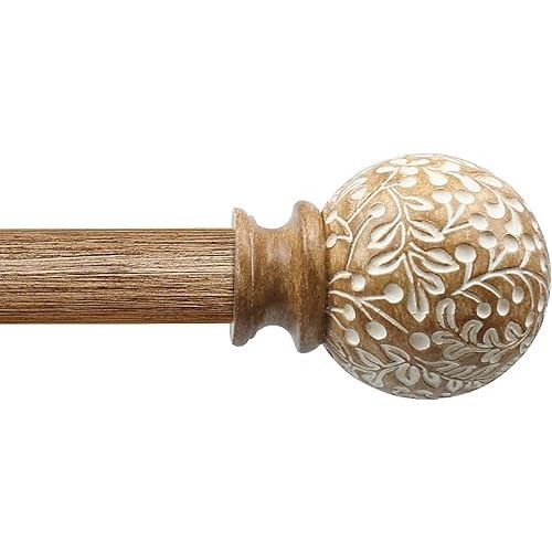 LDSP Wood Curtain Rod For Windows 48 to 84 Inch, 1Inch Adjustable Brown Imitation Wood Grain Flower Leaf Pattern Finials, Heavy Duty Indoor/Outdoor Curtain Pole