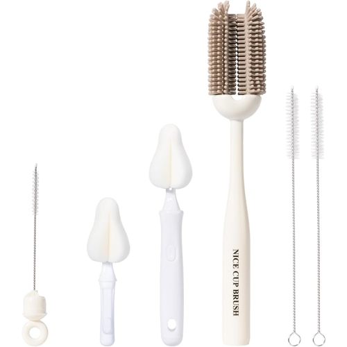 CAREBABYMORE 5-in-1 Baby Bottle Brush Kit, Silicone Bottle Brush for Baby Bottle and Breast Pumps, Sponge Nipple Brush with Replaceable Brush Head, Straw Brushes, Grey