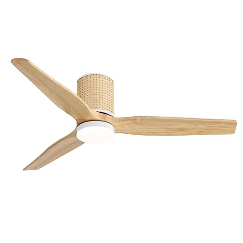 LEDLUX 52" Ceiling Fan with Light - Low Profile Flush Mount Ceiling Fan, 6-Speed Remote Control, Solid Wood, Quiet Reversible DC Motor, Wood/White Finish, for Bedroom, Living Room, Porch
