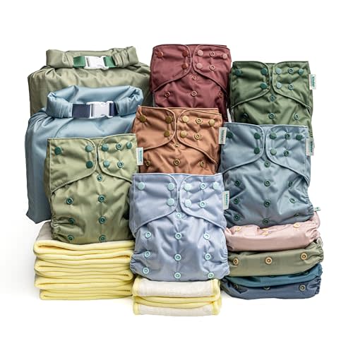 Kinder Cloth Diapers Reusable Baby Diapers Pocket Style Athletic Wicking Jersey, Bamboo Viscose Inserts, Wet Bag, Newborn to Potty Training 7-60lbs, One Size (Coastal Calm, 10 Pack, with Inserts)