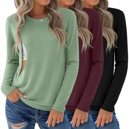 3 Pack Nursing Tops for Breastfeeding Maternity Shirts Zipper Long Sleeve Round Neck Knit Casual Nursing Clothes
