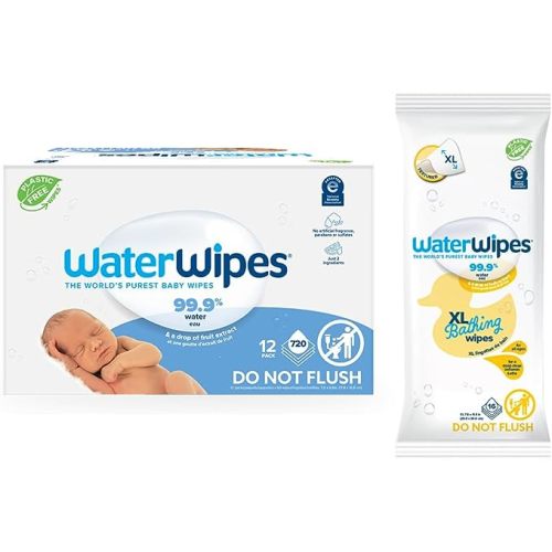 WaterWipes Bundle, Original 720 Count (12 packs) & XL Bathing Wipes 16 Count (1 pack), Plastic-Free, 99.9% Water Based Wipes, Unscented, Hypoallergenic for Sensitive Skin, Packaging May Vary
