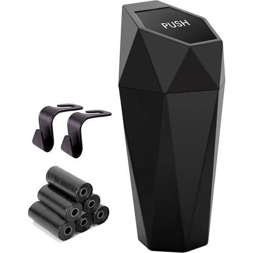 Car Trash Can Cup Holder, Ginsco Mini Car Trash Can with Lid, Car Accessories for Interior, Leakproof Small Trash Cup for Car, Home, Office, Bedroom with Additional 2 Hooks and 90pcs Trash Bags Black