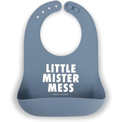 Baby Bib for Eating by Bella Tunno, Waterproof Silicone Bib with Large Food Catcher, Adjustable Fit for Babies 4-12 months & Toddlers 1-3 Years, Boys & Girls, Little Mister Mess