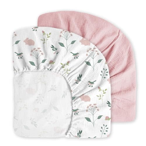 Little Grape Land Muslin Crib Sheets Fitted for Boys and Girls 2 Pack, 100% Cotton Baby Bed Sheets Soft Breathable, Neutral Fitted Baby Mattress Sheets for Standard Crib 52x28 inches, Pink Bunny
