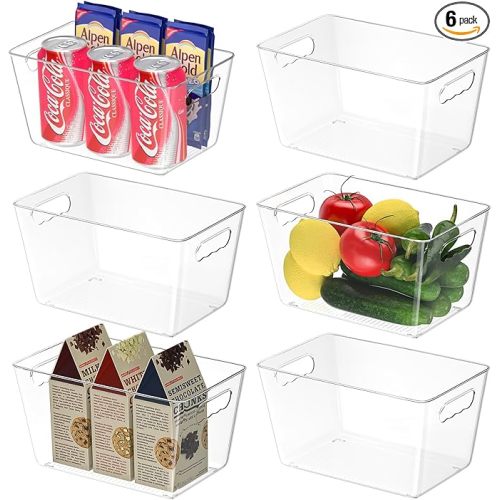 Clear Plastic Storage Bins BPA Free Stackable Refrigerator Organizers and Storage with Handles for Kitchen Fridge Cabinet Bathroom (6PK, 9.5x5.5x4.5)