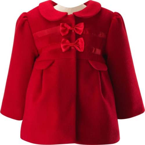 Baby Bow Trim Peter Pan Collar Long Puff Sleeve Flap Pocket Coat, Red - Rachel Riley | Maisonette