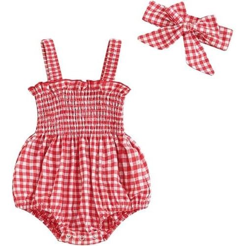 Newborn Baby Girl Summer Clothes Infant Sleeveless Plaid Smocked Romper Cute One Piece Bodysuit Headband
