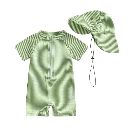 Nibbcoa Toddler Baby Boys Seersucker Short Sleeve One Piece Rash Guard Swimsuit Zipper Bathing Suit Swimwear with Hat