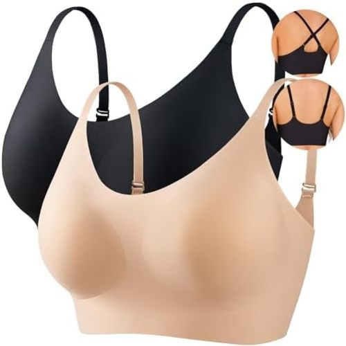 PRETTYWELL Bras for Women Comfort Seamless Bra, Cross Back Adjustable Bralette Bra, Wireless Everyday Bras for Women A-C Cup