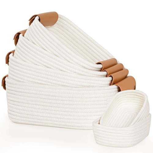 Natubeau Set of 6 Storage Basket for Organizing, Including with Leather Handles & 2 Small Gifts Baskets, Woven Cotton Rope Storage Baskets for Bedroom , White