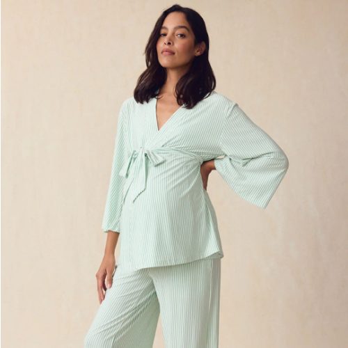 LAKE | Women | DreamModal™ Pajamas | Parisian Green Pencil Stripe Maternity Kimono Bundle