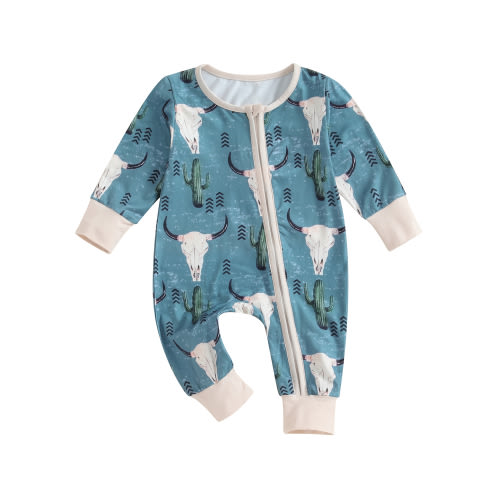 Wassery Western Baby Boys Girls Romper Clothes 3 6 12 18 Months Infant Long Sleeve Round Neck Cow/Hat/Snake Print Zipper One Piece Jumpsuit Cowboy Country Clothing 0-18M