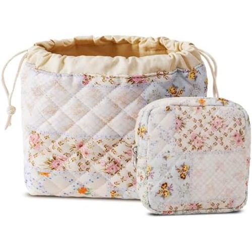 Floral Cotton Quilted Makeup Bag Set 2 Cosmetic Toiletry Travel Pouch w Pocket Purse Organizer 2-Size