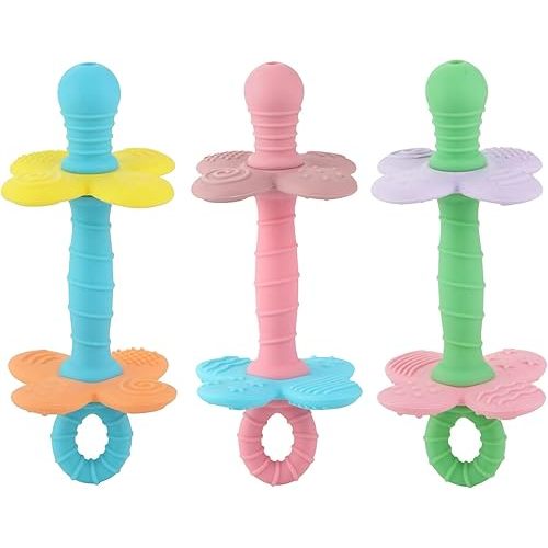 PandaEar 3 Pack Silicone Flower Baby Teether, Nipple-Shaped Gum Massager with Anti-Choke Guard, Easy-Grip Textured Teething Tube