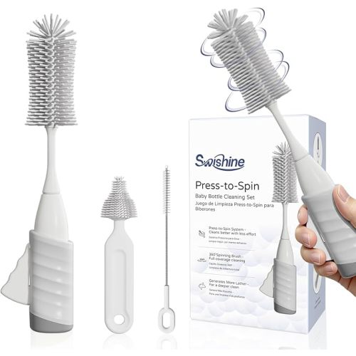 Baby Bottle Brush Set, Innovative Efficient Press-to-Spin Brush Cleaner - Includes Silicone Bottle Brush, Nipple Brush, Straw Cleaner - Spinning Generates Rich Foam for Deep Cleaning, Gray
