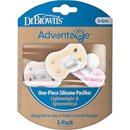 Amazon.com : Dr. Brown's Advantage One-Piece Silicone Baby Pacifier, Fully Symmetrical Soother, Ecru/Light Pink/Pink, 0-6m, BPA-Free, 3-Pack : Baby