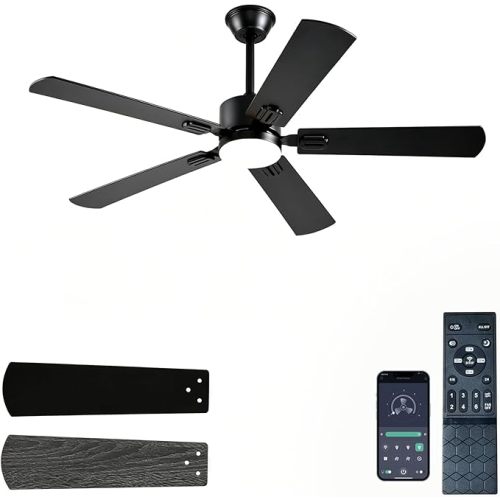FUMLTP 52 inch Modern Ceiling Fans with Lights APP/Remote Control, Low Profile Reversible 6 Speeds Ceiling Fan Light for Indoor/Outdoor Patio Bedroom Living Room,Black