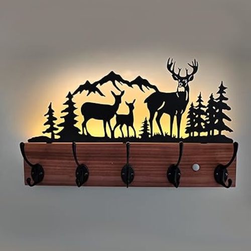 Metal Deer Coat Hooks Wall Mounted, Battery Operated Induction Light Hooks, Woodern Coat Hangers with 5 Hooks for Coats, Keys,Backpacks, Hats,Towels, Bags,etc.