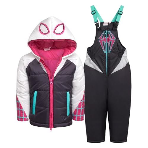 Marvel Girls Snowsuit Set - 2 Piece Ghost Spider Gwen Insulated Winter Jacket & Ski Bib Overalls for Kids