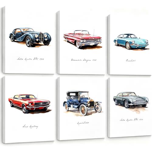 6pcs Watercolor Classic Car Wall Art Prints,Super Car Posters for Boys Room,Vintage Racing Cars Room Decor for Teen Boys Bedroom,Classic Car Prints for Men’s Room Decor,Antique Vehicle Artwork Home Decoration,8x10 inch,Framed
