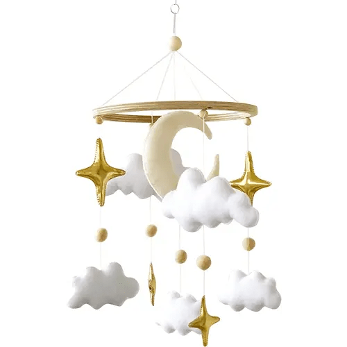 Crib Mobile for Babies - Felt, Gold Stars, White Clouds, and Moon Baby Nursery Mobile for boy or Girl Nursery - Modern Felt Crib Mobile for Baby Shower Gift , or Photoshoot - Movil para Cuna de Bebe