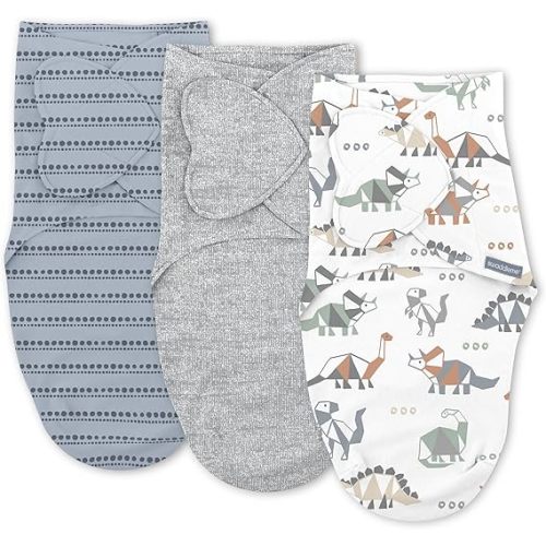 SwaddleMe by Ingenuity Monogram Collection Baby Swaddle, 100% Cotton, Improves Sleep & Calms Startle Reflex, 0-3 Months, Pocket Fold Design for Easy Changes, 1.0 TOG, 3-Pack - Dino Mite |