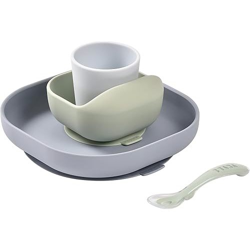 BEABA Silicone 4 Piece Baby Feeding Set, Suction Plates for Baby, High Grade Food Safe Silicone, Rain