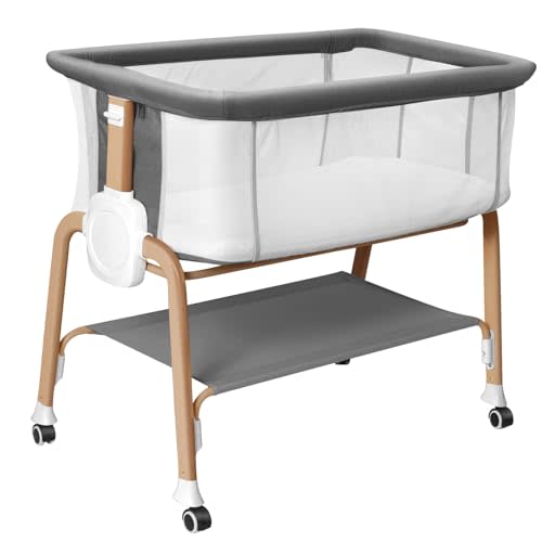 Bassinet Bedside Sleeper, Bedside Bassinet for Newborn, Baby Bassinet with 5 Adjustable Height, Rocking Bassinet with Wheels, Breathable Mesh & Mattress, Easy Folding Portable Bedside Crib（Dark Gray)